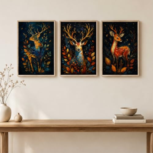 Image of Livin'luxe Set of 3 Deer Forest Wall Paintings for Living Room Bedroom Hallway Home Decor with Premium Wooden Color Synthetic Frame (13.5 x 19.5 Inch) NM03-76