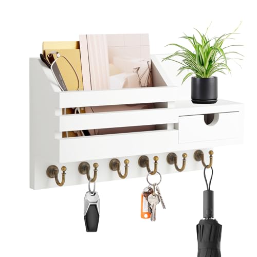 iulrtba Schlüsselbrett mit Ablage, Schlüsselbrett Holz mit 6 Haken und Aufbewahrungsschublade, Schlüsselablage, Schlüsselhalter Wand Schlüsselboard für Eingang Büro Flur (Weiß)