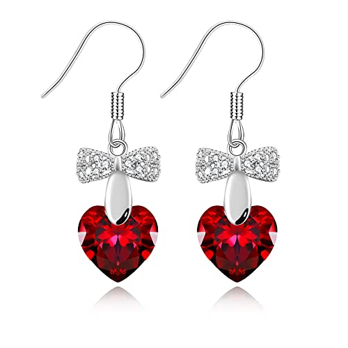 Platinum Plated Butterfly Bow Knot Earrings Dangle Drop Crystal Heart Earring Valentines Day Gifts for Women Y2926 (Red)