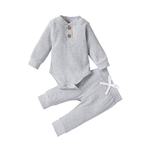 Image of Ledy Champswiin Winter Newborn Baby Boy Girl Clothes Set Ribbed Outfits Unisex Infant Solid Long Sleeve Tops Pants 2PCS