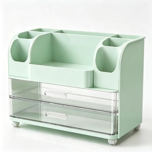 Image of Makeup Organizer with Drawers for Vanity,Bathroom Countertop Organizer with Brushes Holder,Skincare Storage Organizer for Lipsticks,Nail Polishes, Perfumes,Eyeshadow Palettes (Green)