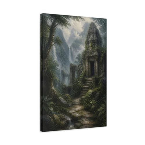 Forêt brumeuse toile tendue 40x60 cm grand tableau mural vertical style ancien