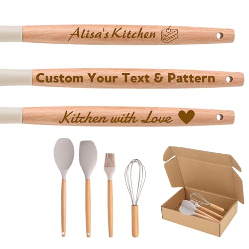 Custom Engraved Wooden Handle Silicone Spatula Set with Gift Box - Personalised with Name/Text for Baking, Cooking, BBQ - Ideal Wedding, Birthday, Corporate Gift for Home Chefs
