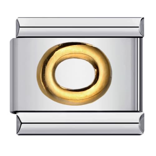 Image of Mon & Sons A - Z Yellow Gold Letter Initial Name Alphabet Personalised Birthday Charm Silver 9mm Italian Link Compatible With Modular Bracelet (O Gold)