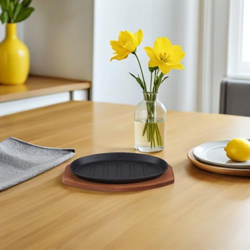 DOITOOL Cast Iron Steak Platter and BBQ Griddle Plate 12-inch with Red Tray and Fork, Non-Stick Teppanyaki Sizzling Pan for Indoor Western BBQ Cooking and Serving - Image 3