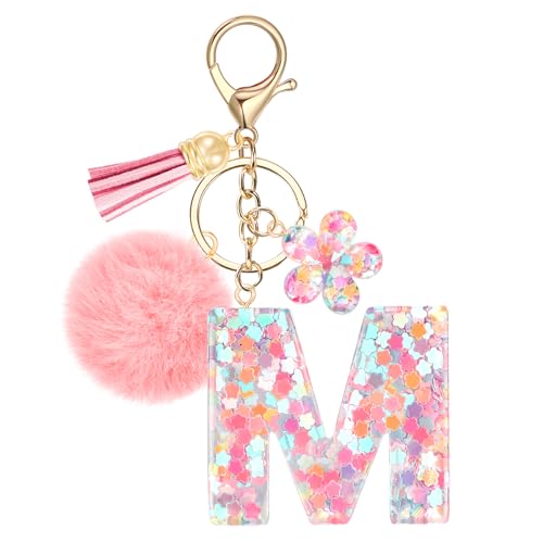 Initial Letter Keychain for Girls, Cute Pink Flower Resin Alphabet