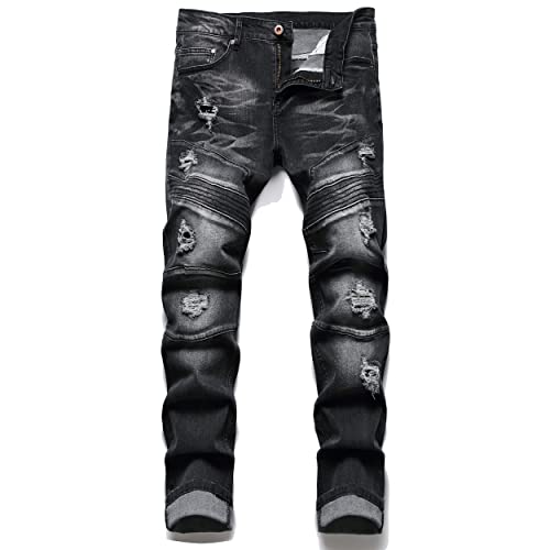 AITITIA Men's Biker Zipper Deco Washed Straight Fit Jeans, 158 Dimgray, 32