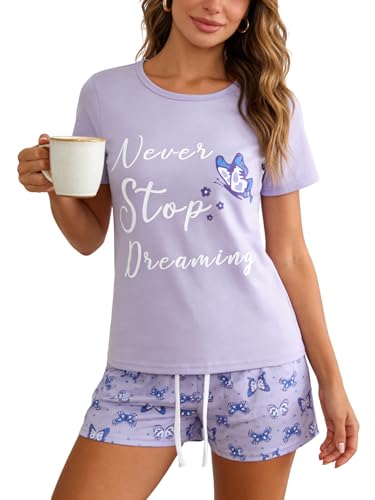 Image of VENTELAN Pajama Set For Women Cute PJS Summer Short Sleeve Shorts Sleepwear