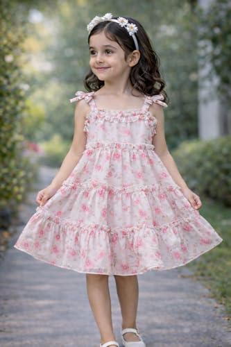 Image of Buy & Try Girls Printed Georgette Frock, Sleeveless Summer Dress, Lightweight Knee Length Baby Girl Dress, Casual Outfit, Soft Comfortable Fabric, Stylish Kids Wear