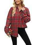 Megfie Oversized Womens Flannel Plaid Soft Flannel Button Down Shirt Roll Up Long Sleeve Flannel Plaid Shirt Blouses Women(0070-ChristmasRed-L)