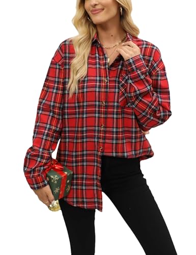 Megfie Oversized Womens Flannel Plaid Soft Flannel Button Down Shirt Roll Up Long Sleeve Flannel Plaid Shirt Blouses Women(0070-ChristmasRed-S)