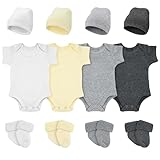 Glitopper 4 Pack Preemie Layette Set Premature Baby Bodysuit Preemie Clothes Hat Bodysuit Socks Set for NICU Newborns(White, Light Gray, Dark Gray, Light Yellow)