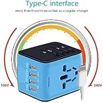 Global Voyage universel, Voyage essentiel: tout en un chargeur mural avec haute vitesse (3) 2.4A USB, (1) 3.0A Type-C, Adaptateur européen, Monde entier AC Fiches d'entrée pour UK, EU, AU, Asie (bleu)