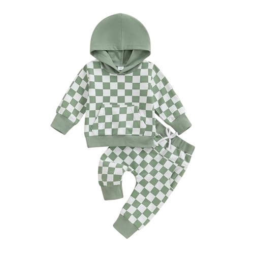 Image of Meiweileya Toddler Baby Boy Clothes Checkerboard Plaid Long Sleeve Hoodie Tops Jogger Pants Set Sweatsuit Fall Winter Outfits