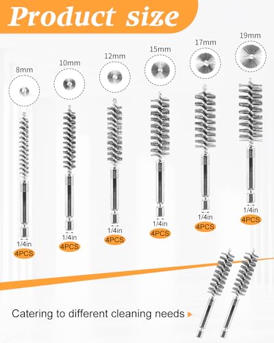 Image of 24 pcs Bore Brush for Drill, Stainless Steel Wire Cleaning Brush Set, Abrasive Wire Bore Brushes Set with 1 /4 Inch Hex Shank for Rust, Cleaning Tubes (8 /10 /12 /15 /17 /19MM)