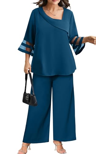 AOVDE Pant Suits Mother of Bride Dressy Pantsuits 2 Piece Casual Bell Sleeve Outfits for Women Evening Dinner Party Peacock Blue