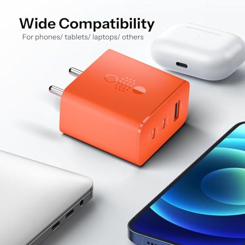 Image of Mudo CMF 65W Gan Trio Charger Adapter | 3 Port USB Type C To A Fast Wall Charging Adaptor Compatible With CMF Phone 1 /2A Plus /2A /2 /Phone 3A & Specially For Phone 3 /Samsung Galaxy S24 Ultra (Orange)