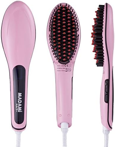 MADAMI Hair Straightener Brush Ceramic Heating Anti Scald Straightening Iron for Thick Curly Hair with Resistant Glove and Travel Pouch,Dual Voltage