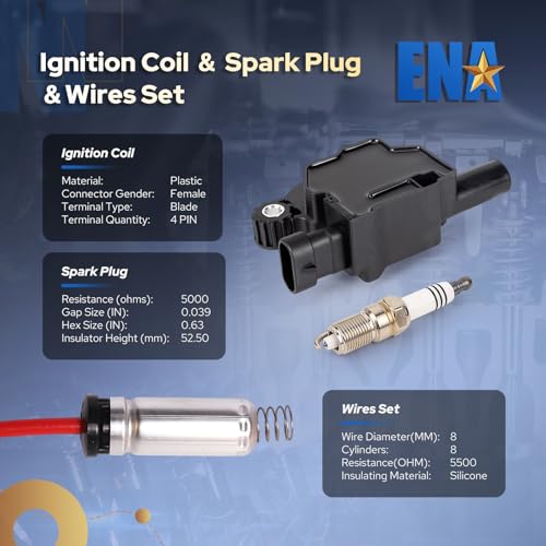 ENA 8 Pack UF413 Ignition Coil 41962 Spark Plug and 48322R Wires Set for 5.3 6.0 6.2 Compatible with Buick Cadillac Chevrolet GMC Hummer Escalade Express Savana 2500 5.3L 6.2L 6.0L 4.8L for 12570616
