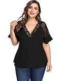 SOLY HUX Women's Plus Size V Neck Lace Trim Short Sleeve Top Blouse Black 4XL
