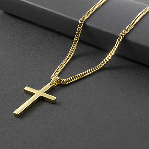 Tuewut Cross Necklace For Men, Silver Gold Stainless Steel Plain Cross Pendant Necklace For Men Cuban Chain 18-26 Inch (24.0 Inches, Gold) #TOP3