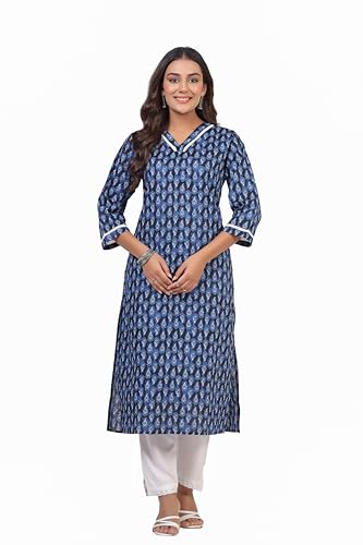 Image of Ichaa Women's Pure Cotton A-Line Ethnic V-Neck Kurta with 3 /4th Sleeve for Daily and Office Wear, in Plus Sizes