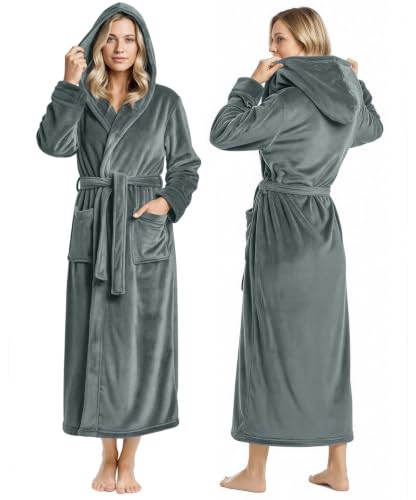NY Threads Premium Womens Robe with Hood, Plush Fleece Long Bath Robe for Women, Fluffy Soft Women's Bathrobe, Medium, Dark Grey
