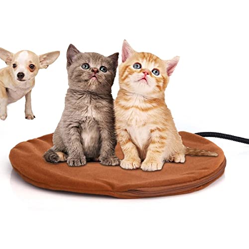 ペット用ヒーターパッド 丸型 温度調節可能 防水 ペットベッドウォーマー 噛みつき防止コード付き ソフトで取り外し可能なカバー 過熱保護 ブラウン
