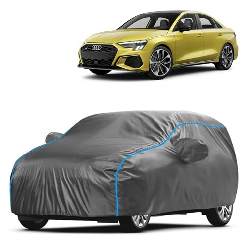 Image of Kerwa Car Body Cover Waterproof with S3, Dust & UV Resistant All-Weather Proof Full Body Cover, Grey with Blue Lining, Triple Stitched Elastic Bottom with Mirror Pocket