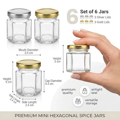 Image of Cute Hexagonal 50 grams Airtight Glass Jar Containers for Honey, Spices & other Kitchen Items with Rust Proof Gold & Silver Color Caps -Set of 06
