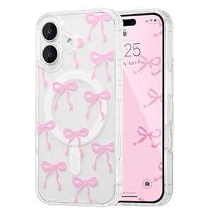 UEEBAI Magnetic for iPhone 16 Case, Bow Case Compatible with MagSafe, Wireless Slim Clear Ribbon Aesthetic Phone Cover Anti-Yellowing Shockproof Protective Cover for Women Girl – Pink