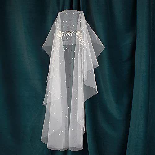 Accesorio de Boda, Cubierta Facial con Cuentas de Perlas Blancas Naturales, Longitud Corta hasta los Hombros, Velo de Novia, Accesorios de Boda