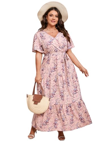 ShopWonder Womens Plus Size V Neck Wrap Maxi Dress High Waist Ruffle Summer Casual Dress with Belt Pink Purple 2025 2XL