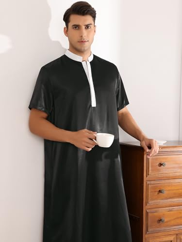 Lars Amadeus Nightshirts for Men's Short Sleeves Band Collar Sleep Shirts Satin Nightgown2