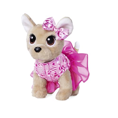 Simba Chi Chi Love is in The Air, Chihuahua Plüschhund mit süßen herzlichen Kleid und Schleife, in Glitzerherztasche, 20cm, ab 3 Jahre