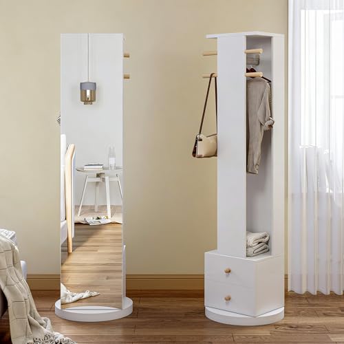 FOERPL Rotatif Miroir Intégral avec Porte-vêtements & Tiroirs, Porte Manteau Pilier Rotatif à 360° avec Miroir Pleine Longueur, 3 en 1 Ensemble Meuble...