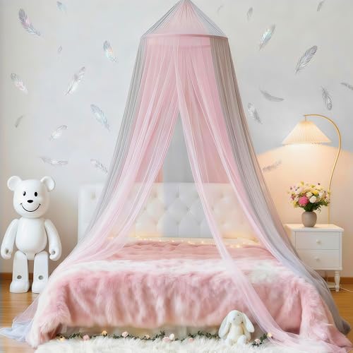 Image of Two-Tone Bed Canopy Mosquito Net, Bed Canopy for Girls Room Decor - Insect Protection Hanging Canopy for Indoor(Pink+Grey)