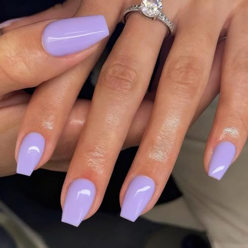 KQueenest Gel Press on Nails Short Medium Coffin, Solid Lilac Fake Nails Nails Press ons, Short Ballerina Glue on Nails With Glazed Finish, Simple Acrylic Nails For Finger Decoration