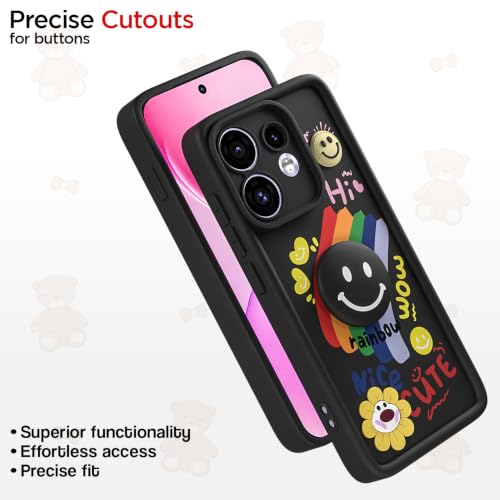 Image of Pikkme Back Cover for Oppo Reno 16 5G | Soft Silicone| Cute Rainbow Smile & 3D Cartoon Flower Design | Shockproof Raised Camera Protection Bumper Case (Black)