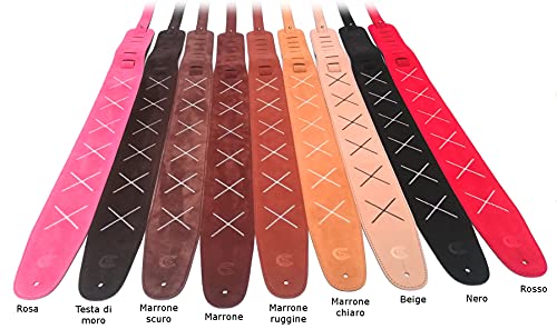 Sangle guitare et basse en cuir suède brun foncé avec broderie - Les Beatles, Paul McCartney, John Lennon, RIngo Starr, George Harrison Sangle guitare et basse en cuir suède brun foncé avec broderie – Image 5