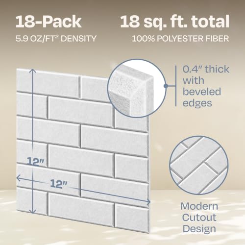 Image of Acoustic Wall Panels 18-Pack, 12 inchx12 inchx0.4 inch Decorative Self-Adhesive Sound Proofing | High Density 3D Brick Soundproof Absorbing Tiles for Walls, Home, Office & Studio - White