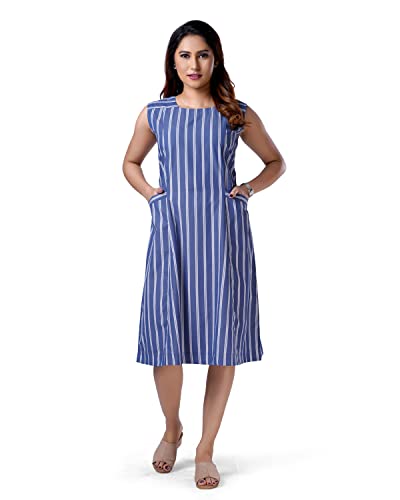 Image of charcoal fashion Women's Blue Striped A-Line Dress with Pockets