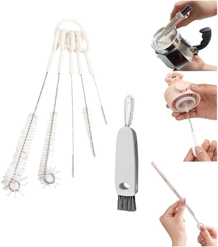 6-in-1 Bottle Cleaning Brush Set, Multi-Functional Cup Brush with Long Handle, Straw Cleaner, Bottle Brush, Lid Gap Cleaning Brushes for Water Bottles, Tumblers, and Narrow Containers (White(6 Pack))