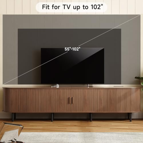 Image of ONBRILL 94.5 inch TV Stand with Power Outlet for TVs up to 102 Inch, Entertainment Center with Storage and Adjustable Shelves, Modern Media Console with Sliding Doors for Living Room, Walnut