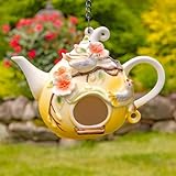 Hanging Porcelain Teapot Birdhouse Collection, Hanging Garden Decor with Birds and Flowers, All Hand-Painted, Includes Metal Chain and Hook (Blue-Yellow Birds Blythe, Standard)