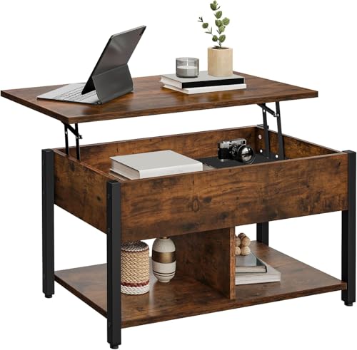 DWVO Lift Top Coffee Table, Coffee Tables with Large Hidden Storage Wood Coffee Table Lift Up Center Table for Living Room, Office, Rustic Brown