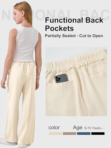 Image of Rolanko Girls Wide Leg Linen Pants Breathable Flowy Palazzo Trousers for School Beach Daily Wear 9-15 Years