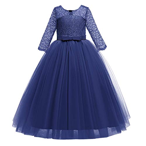 Flower Girl Wedding Bridesmaid 3/4 Sleeves Kids Floral Lace Pageant Communion Princess Dress Prom Evening Dance Gown Navy Blue 2-3 Years