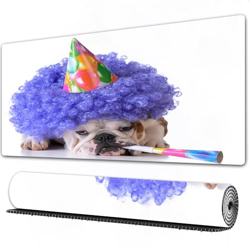 FEHWI - FEHWI Mauspad 90×40 cm Verlängertes großes Mauspad Schreibtischauflage,Kindergeburtstagsdekoration, Boxerhund mit lila Perücke mit,genähte Kanten Gaming Mauspad,rutschfeste Gummibasis