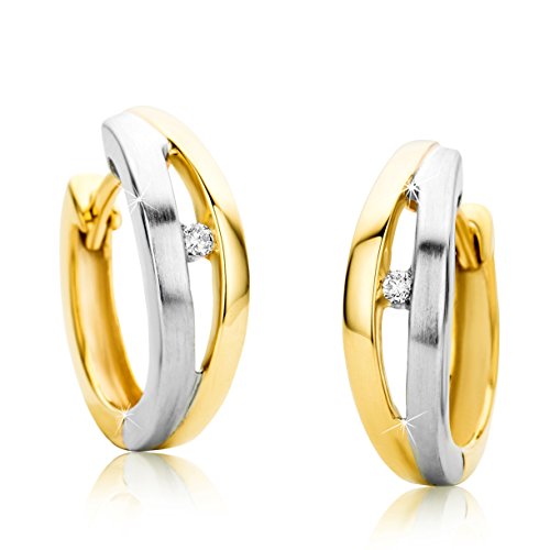 Orovi bijoux femme, boucles d'oreilles bicolor en or jaune/or blanc avec diamants 0.04 Ct, créoles 9 Kt / 375 or